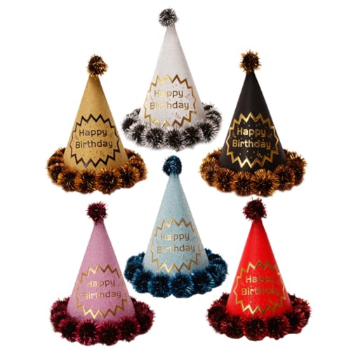 VICASKY 6 Stück Teiliges Goldglänzende Papier Partyhüte mit Elastischem Band Geburtstagskappen für Erwachsene Bunte Pompon Deko Partyaccessoires für Unvergessliche Feiern von VICASKY