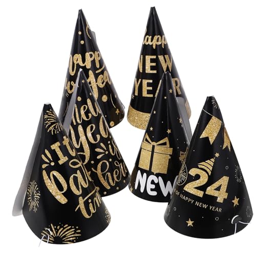 VICASKY 6 Stück Teiliges Schwarze und Goldene Papier Partyhüte für Silvester Leichte Kegelhüte als Partydekoration und Fotorequisiten für Neujahrsfeier und Countdown Events von VICASKY