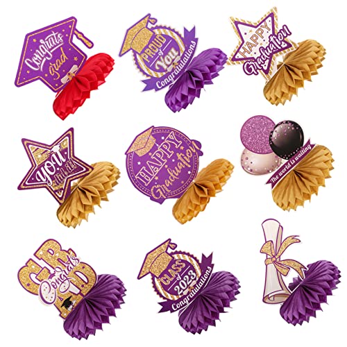 VICASKY 9 Stück Abschluss-Waben-Ornament Glücklich Marine Abschluss-Herzstück Tisch Dekorationen Gold abschluss Party partydekoration glückwunsch Grad Party Grad Party wabe Papier Violett von VICASKY