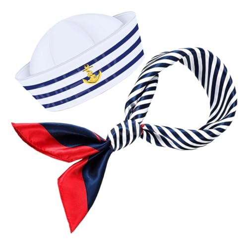 VICASKY Blau Weißer Matrosenhut und Schal Set Kapitänsmütze mit Kopfumfang Damen Nautisches Kostüm Accessoire für Party Karneval und Yacht Feiern von VICASKY