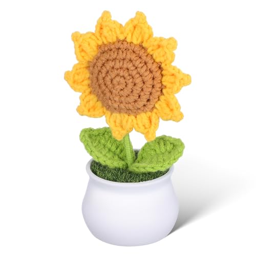 VICASKY Gestrickte Sonnenblume im Topf Handgefertigte Häkelblume für Tisch und Auto Dekoration Realistisches Aussehen Zarte Kunstpflanze für Muttertagsdeko Handarbeit von VICASKY
