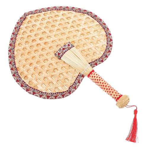 VICASKY Handgefertigter Rattan Fächer Herzförmig mit Roter Stoffrand Natürlicher Weizenstroh Handfächer Leicht Tragbar Babyfreundlich Für Sommerkühlung und Wanddeko von VICASKY