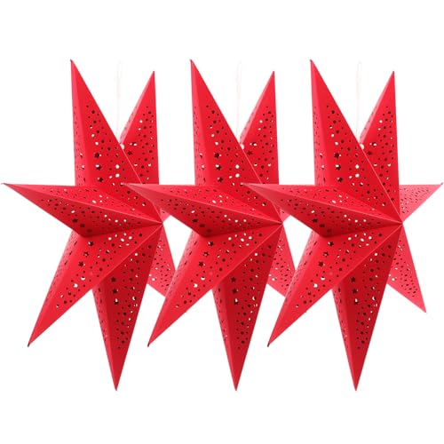 VICASKY Papierlaternen, zum Aufhängen, 3D-Sterne, Holzmaserung, LED-Licht, faltbar, Party-Dekorationen, Outdoor, Weihnachten, Schneeflocken-Dekoration, 3 Stück, 50 Stück, 00 x 50 cm, 00 x 16 cm, Rot von VICASKY