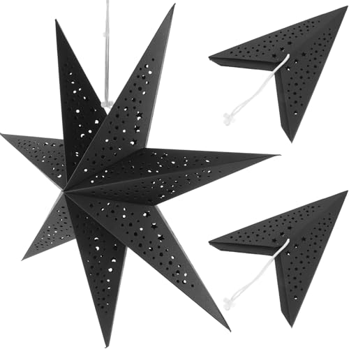 VICASKY Schwarze Papierlaternen zum Aufhängen, 3D-Sterne, Holzmaserung, LED-Licht, faltbar, Party-Dekorationen, Outdoor, Weihnachten, Schneeflocken-Dekoration, 3 Stück, 50 Stück, 00 x 50 cm, 00 x 16 von VICASKY