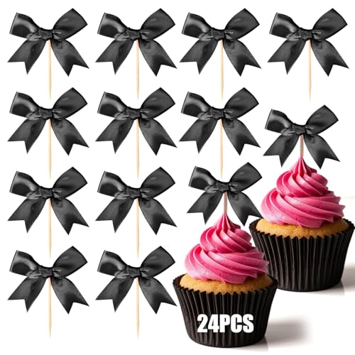 VICDUEKG Schleifen Tortendeko, 24 Stück Schleifenband Cupcake Toppers Hochzeit, Cupcake Muffin Kuchen Deko Mädchen, Kuchendeko für Taufe Geburtstag Deko (Schwarz) von VICDUEKG