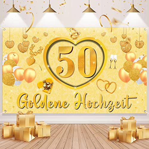 VICSOM Goldene Hochzeit Deko, 50. Goldenen Hochzeit Banner, 50. Hochzeitstag Hintergrund Dekoration, 50 Jubiläum Banner, Stoff Banner für Goldene Hochzeit für Wand Drinnen Draußen Dekoration von VICSOM