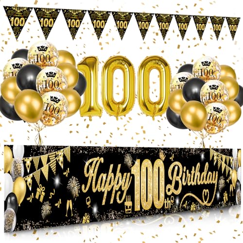 100 Geburtstag Dekoration Mann Frau, Schwarzes Gold 100. Geburtstags Deko, Happy 100th Birthday Banner, Zahl 100 Schwarzes Gold Konfetti Luftballons, Feuerwerk Dreieckiges Flaggenbanner von VICTERR