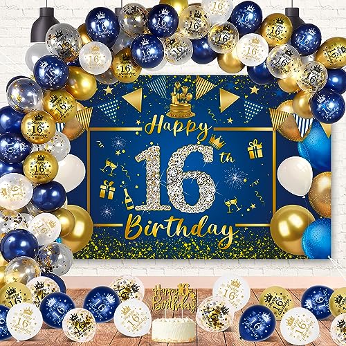 16 Geburtstag Junge, 16 Geburtstag Deko 16. Geburtstag Junge Blau Gold Geburtstagsdeko Junge Mädchen,Lange Happy 16th Birthday Banner Hintergrund 190×120cm, Cake Topper 16. Geburtstag Luftballons 16 Geburtstag Junge, 16 Geburtstag Deko 16. Geburtstag Junge Blau Gold Geburtstagsdeko Junge Mädchen,Lange Happy 16th Birthday Banner Hintergrund 190×120cm, Cake Topper 16. Geburtstag Luftballons von VICTERR