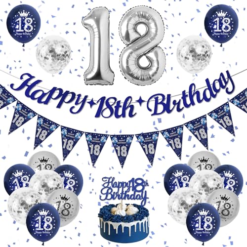18 Geburtstag Deko Junge Blau Silber Party Dekoration, 18. Geburtstag Luftballon Junge, Happy Birthday Banner, Ballons Blau und Silber Geburtstagsdeko für Junge 18, Kuchen Topper und Konfetti Ballons von VICTERR