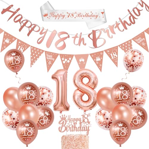 18. Geburtstag Mädchen, 18 Geburtstag Deko, Rosegold Deko Geburtstag mit Happy Birthday Girlande Banner Luftballon 18. Geburtstag 18. Geburtstag Schärpe Tortendeko für Deko 18. Geburtstag Mädchen von VICTERR