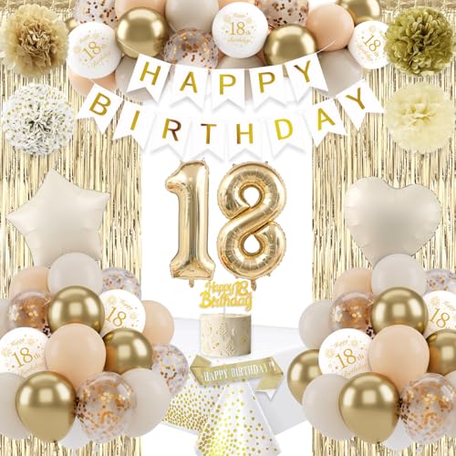 18. Geburtstag Mädchen Deko, Beige Gold Deko Zum 18 Geburtstag, Luftballons 18 Party Deko, Happy Birthday Banner Pompons für Geburtstagsdeko 18 Jahre Mädchen 18. Geburtstag Mädchen Deko, Beige Gold Deko Zum 18 Geburtstag, Luftballons 18 Party Deko, Happy Birthday Banner Pompons für Geburtstagsdeko 18 Jahre Mädchen von VICTERR