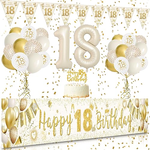 18. Geburtstag Mädchen Deko, VICTERR Sandweiß Gold Deko 18. Geburtstag Mädchen und Jungen Deko Set, Lange Größe Happy 18th Birthday Banner Hintergrund 274×37cm, Girlande Wimpel Konfetti Luftballons von VICTERR