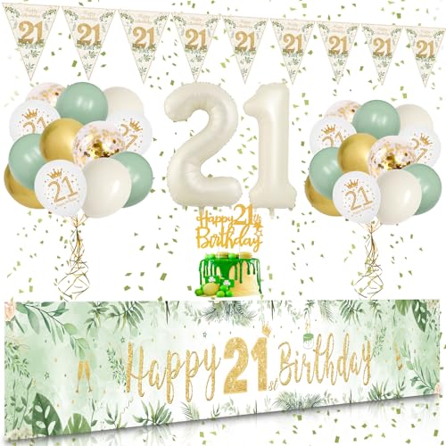 21 Geburtstag Deko, VICTERR Grün Gold Deko 21. Geburtstag Frau und Mann Deko Set, Extra Lange Größe Happy 21th Birthday Banner Hintergrund 274×37cm, Girlande Wimpel Konfetti Luftballons von VICTERR