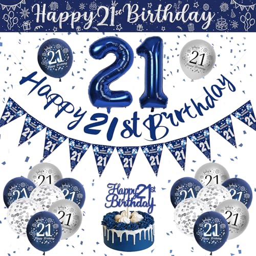 21. Geburtstag Deko Männer, Blau Silber Luftballons Geburtstag Mann, Geburtstagsdeko 21 Jahre Party Deko mit Happy Birthday Girlande Konfetti Ballons für 21 Dekoration 21. Geburtstag Deko Männer, Blau Silber Luftballons Geburtstag Mann, Geburtstagsdeko 21 Jahre Party Deko mit Happy Birthday Girlande Konfetti Ballons für 21 Dekoration von VICTERR