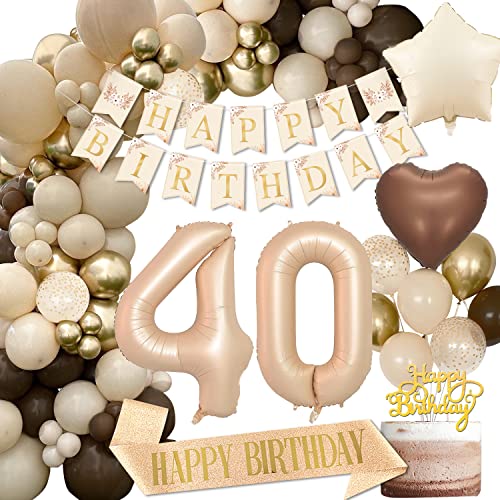Deko 40. Geburtstag Frauen, Braun Gold 40 Luftballons Geburtstag Party Deko mit Happy Birthday Girlande Folienballons 40 Geburtstagsdeko, Gold Beige Ballons für 40 Geburtstag Deko Frauen Männer von VICTERR