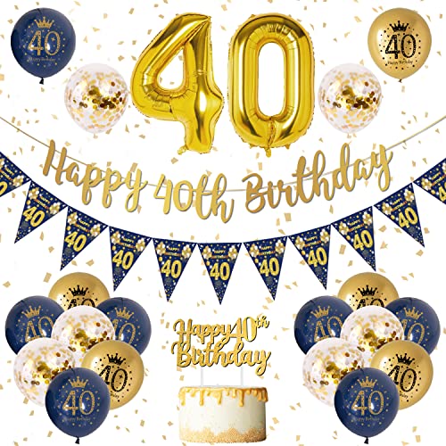 40 Geburtstag Dekoration Männer Blau Gold 40. Geburtstag Girlande Banner, Geburtstagsdeko für Männer 40, Navy Blau Gold Geburtstag Luftballons 40, Konfetti Luftballons für Männer 40. Geburtstag von VICTERR