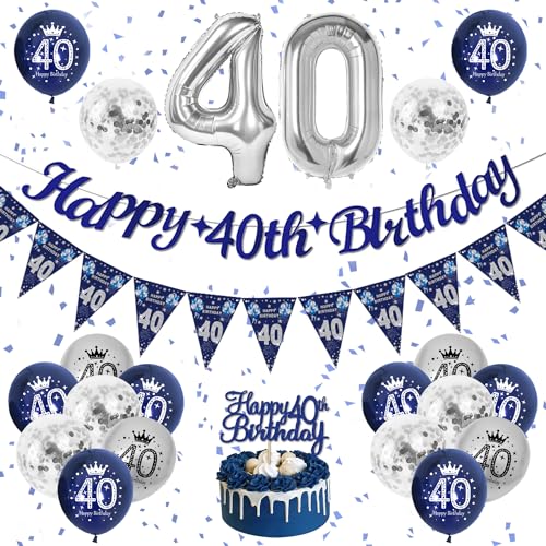 40 Geburtstag Männer Deko Blau Silber Party Dekoration, 40. Geburtstag Luftballon Mann, Happy Birthday Banner, Ballons Blau und Silber Geburtstagsdeko für Männer 40, Kuchen Topper und Konfetti Ballons von VICTERR
