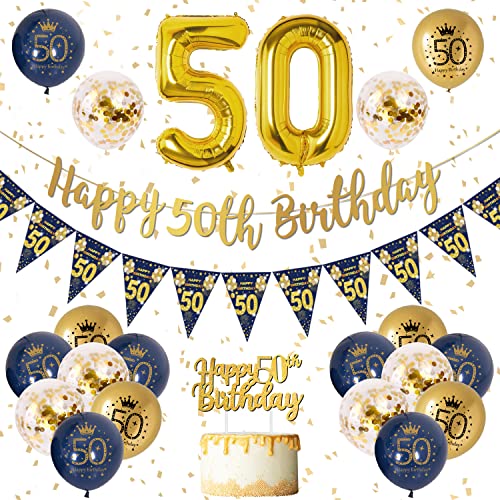 50 Geburtstag Dekoration Männer Blau Gold 50. Geburtstag Girlande Banner, Geburtstagsdeko für Männer 50, Navy Blau Gold Geburtstag Luftballons 50, Konfetti Luftballons für Männer 50. Geburtstag von VICTERR