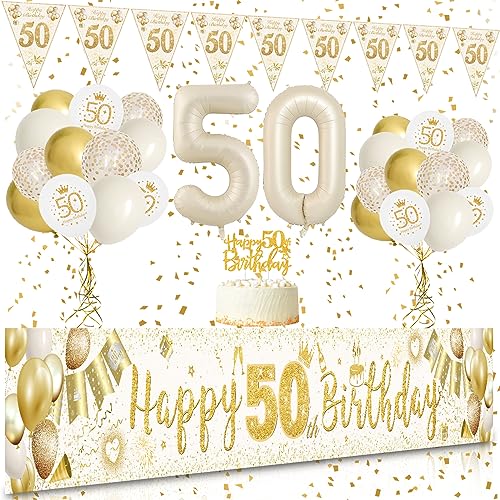50 Geburtstag Frau deko, VICTERR Sandweiß Gold Deko 50 Geburtstag Frau und Mann Geburtstagsdeko Set, Lange Größe Happy 50th Birthday Banner Hintergrund 274×37cm, Girlande Wimpel Konfetti Luftballons 50 Geburtstag Frau deko, VICTERR Sandweiß Gold Deko 50 Geburtstag Frau und Mann Geburtstagsdeko Set, Lange Größe Happy 50th Birthday Banner Hintergrund 274×37cm, Girlande Wimpel Konfetti Luftballons von VICTERR