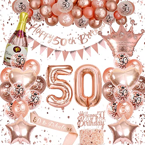Rosegold 50. Geburtstag Deko mit Happy Birthday Banner und Ballons - Schärpe für Frauen von VICTERR
