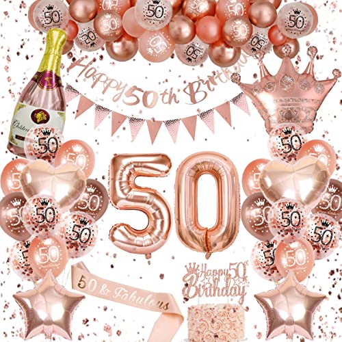 50 Geburtstag Frauen, Luftballon 50. Geburtstag Rosegold, Deko 50. Geburtstag Frauen Geburtstagsdeko 50 mit Happy Birthday Banner Rosegold Ballons 50.Geburtstag Schärpe 50 Geburtstag Deko Frauen von VICTERR