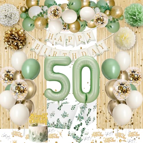 50 Geburtstag Deko Frauen, 50. Geburtstag Dekorationen Frauen, Geburtstagsdeko 50, Avocado Grüne Gold Luftballons mit Happy Birthday Banner für Frauen Mann 50. Geburtstag Dekorationen von VICTERR