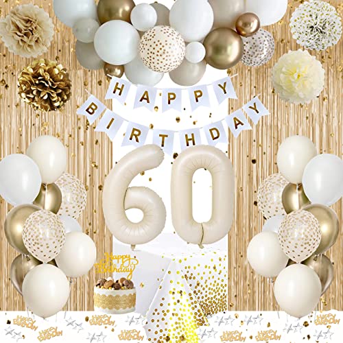 60 Geburtstag Deko, 60 Geburtstagsdeko Frauen Mann, Weiß Gold Party Deko 60 Luftballon, 60 Geburtstag Frauen Männer, Happy Birthday Girlande, Geburtstags Tischdeko, Konfetti Luftballon für Frauen Mann von VICTERR