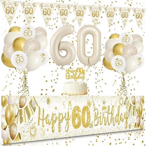 60 Geburtstag Frau, VICTERR Sandweiß Gold Deko 60 Geburtstag Frau und Mann Geburtstagsdeko Set, Lange Größe Happy 60th Birthday Banner Hintergrund 274×37cm, Girlande Wimpel Konfetti Luftballons 60 Geburtstag Frau, VICTERR Sandweiß Gold Deko 60 Geburtstag Frau und Mann Geburtstagsdeko Set, Lange Größe Happy 60th Birthday Banner Hintergrund 274×37cm, Girlande Wimpel Konfetti Luftballons von VICTERR