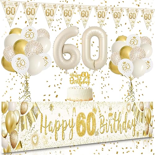 60 Geburtstag Frau, VICTERR Sandweiß Gold Deko 60 Geburtstag Frau und Mann Geburtstagsdeko Set, Lange Größe Happy 60th Birthday Banner Hintergrund 274×37cm, Girlande Wimpel Konfetti Luftballons von VICTERR