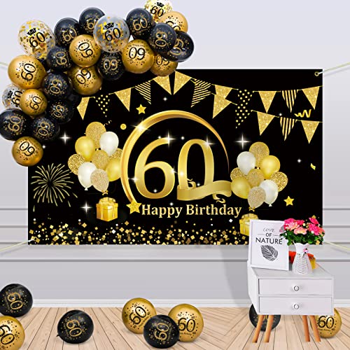 60 Geburtstag Party Dekoration Schwarz Gold, 60. Geburtstagsdeko Frauen Männer, zum 60 Geburtstag Party Schild Poster und Schwarz Gold Luftballons Deko 60. Geburtstag Luftballons Geburtstag Mann Frau von VICTERR