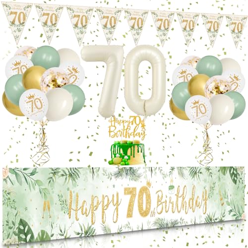 70 Geburtstag Deko, VICTERR Grün Gold Deko 70. Geburtstag Frau und Mann Deko Set, Extra Lange Größe Happy 70th Birthday Banner Hintergrund 274×37cm, Girlande Wimpel Konfetti Luftballons von VICTERR