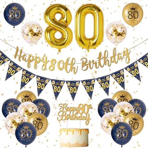 80 Geburtstag Dekoration Männer Blau Gold 80. Geburtstag Girlande Banner, Geburtstagsdeko für Männer 80, Navy Blau Gold Geburtstag Luftballons 80, Konfetti Luftballons für Männer 80. Geburtstag von VICTERR