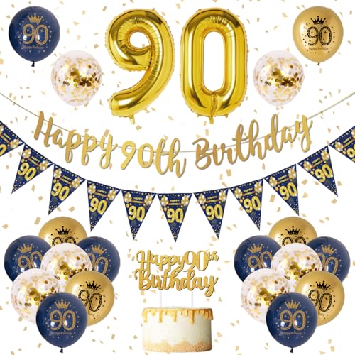 90. Geburtstag Dekorationen für Männer - Blau Gold Happy Birthday Banner, Luftballons, Marineblau Gold Latex Ballons, Konfetti Ballons - Party Deko Set 90. Geburtstag Dekorationen für Männer - Blau Gold Happy Birthday Banner, Luftballons, Marineblau Gold Latex Ballons, Konfetti Ballons - Party Deko Set von VICTERR