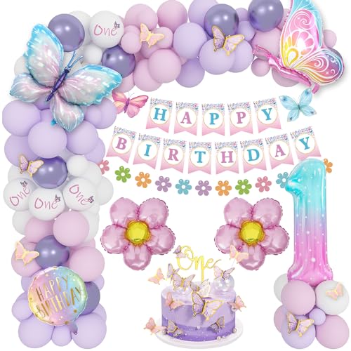 Deko 1. Geburtstag Mädchen, Rosa Lila Geburtstag Ballons, Erster Geburtstag Mädchen, Set mit Schmetterling Folienballons, Alles Gute Zum Geburtstag Banner, Nummer 1 Ballon, Schmetterling Aufkleber von VICTERR