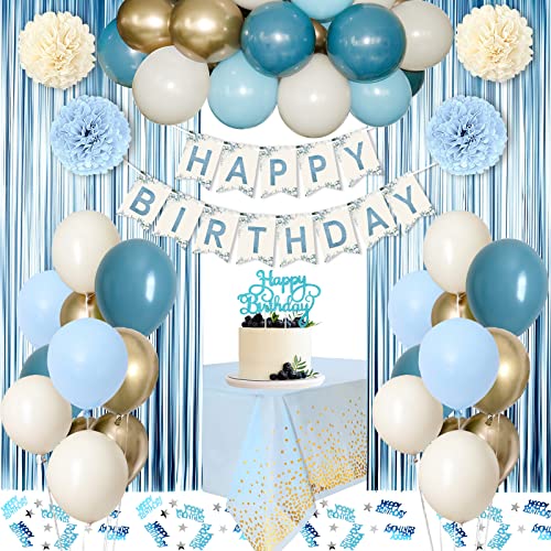 Geburtstagsdeko Junge Mann, Blau Weiß Luftballons Geburtstag Deko, Happy Birthday Girlande, Kindergeburtstag Deko, Kuchen Topper Tischdecken Pompons für 1 13 18 21 30 40 50 von VICTERR