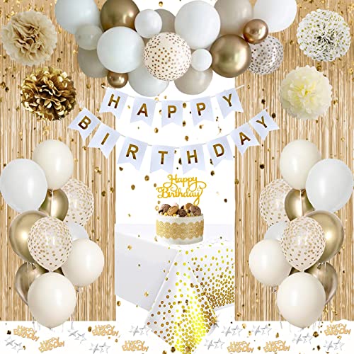 Geburtstagsdeko Mädchen Frauen, Weiß Gold Party Deko, Luftballons Geburtstag Dekoration, Happy Birthday Girlande, Geburtstags Tischdeko, Konfetti Luftballon für Mädchen Frauen von VICTERR