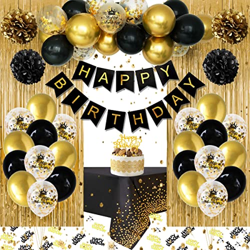 Geburtstagsdeko Mann Frauen, Schwarz Gold Party Deko, Schwarz Gold Luftballons Geburtstag Dekoration, Happy Birthday Girlande, Konfetti Luftballon Birthday Decorations für 1 13 18 21 30 40 50 von VICTERR
