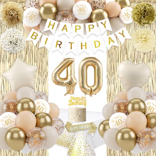 Sandweißgold 40. Geburtstag Deko, Luftballon 40. Geburtstag Männer Frau, Beige Gold Deko Zum 40, Happy Birthday Banner Pompons Tortendeko für 40. Dekorationen Sandweißgold 40. Geburtstag Deko, Luftballon 40. Geburtstag Männer Frau, Beige Gold Deko Zum 40, Happy Birthday Banner Pompons Tortendeko für 40. Dekorationen von VICTERR