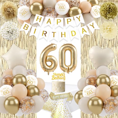Sandweißgold 60 Geburtstag Deko, Luftballon 60. Geburtstag Männer Frau, Beige Gold Deko Zum 60, Happy Birthday Banner Pompons Tortendeko für 60. Dekorationen Sandweißgold 60 Geburtstag Deko, Luftballon 60. Geburtstag Männer Frau, Beige Gold Deko Zum 60, Happy Birthday Banner Pompons Tortendeko für 60. Dekorationen von VICTERR