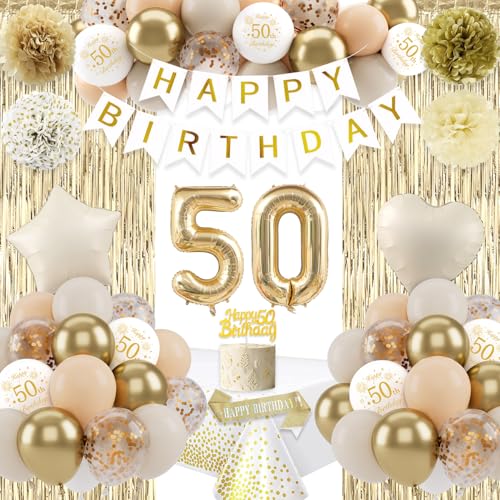 Sandweißgoldene 50. Geburtstag Deko, Luftballon 50. Geburtstag Männer Frau, Beige Gold Deko Zum 50, Happy Birthday Banner Pompons Tortendeko für 50. Dekorationen Sandweißgoldene 50. Geburtstag Deko, Luftballon 50. Geburtstag Männer Frau, Beige Gold Deko Zum 50, Happy Birthday Banner Pompons Tortendeko für 50. Dekorationen von VICTERR