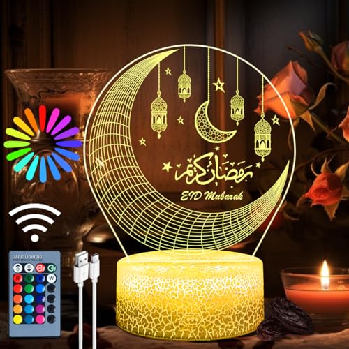 VICTERR Ramadan Dekoration LED DIY Lamp, 3D Eid Mubarak Licht Mondlampe, Ramadan Mubarak Dekoration, 16 Farben Nachttischlampe Kabellos Touch LED Lamp Dimmbar 3D mit Fernbedienung(Mond) von VICTERR