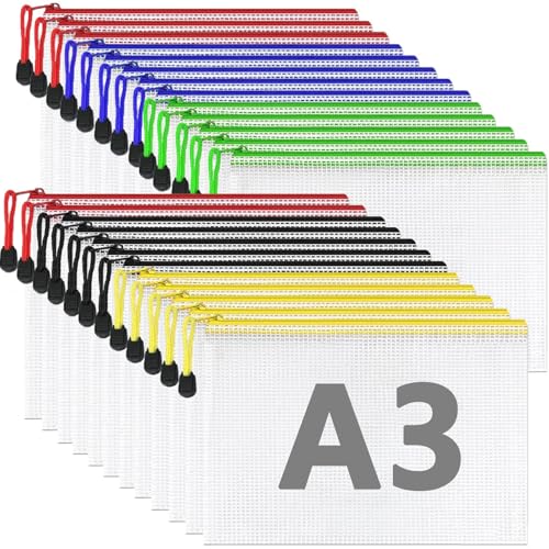 VIDETOL 25 Stück Dokumententasche A3 mit Reißverschluss, Wasserdichte Document Case, Mesh Reißverschlusstasche Bunte, Datei Tasche Kunststoff für Dokumente, Papier, Bürobedarf von VIDETOL