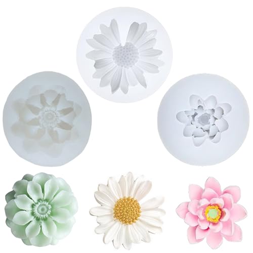 VIDSTW 3 Stück Silikonform Kerzen Silikonformen 3D Kerzenformen Silikon Blumendesign Silikonformen Gießformen Blumen Gänseblümchen Silikonform Blumen Lotus für Kerzen Seifen Pralinen Bonbons von VIDSTW