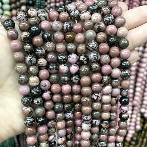 4–10 mm natürliche runde Tigerauge-Amazonit-Achat-Rosenquarz-Angelit-Lavasteinperlen zur Schmuckherstellung, DIY-Armbandzubehör, schwarzer Rhodochrosit, 8 mm, 45 St von VIEPGJ
