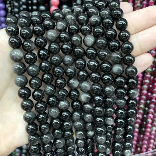 4–10 mm natürliche runde Tigerauge-Amazonit-Achat-Rosenquarz-Angelit-Lavasteinperlen zur Schmuckherstellung, DIY-Armbandzubehör, silbriger Obsidian, 8 mm, 45 Stück von VIEPGJ