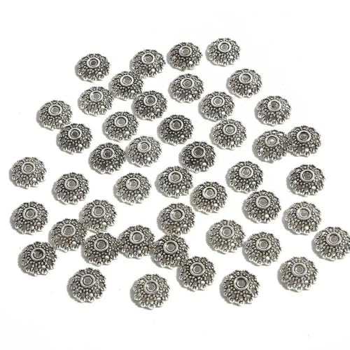 50 Stück tibetische Antik-Silber-Farben Blattgold Blumenperlen-Endkappen für Schmuckherstellung Handarbeiten Spacer Perlenkappen DIY Zubehör-11mm von VIEPGJ