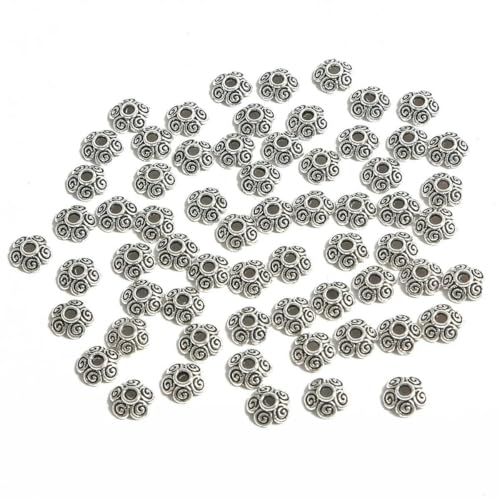 50 Stück tibetische Antiksilberfarbe Blattgold Blumenperlen Endkappen für Schmuckherstellung Handarbeiten Spacer Perlenkappen DIY Zubehör-8mm_c von VIEPGJ