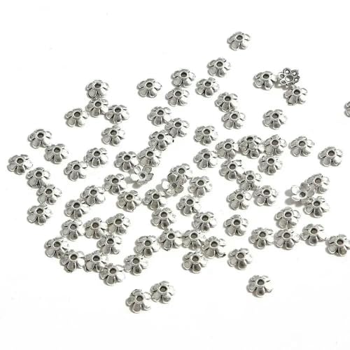 50 Stück tibetische antike Silberfarbe Blattgold Blumenperlen Endkappen für Schmuckherstellung Handarbeiten Spacer Perlenkappen DIY Zubehör-6mm_b von VIEPGJ