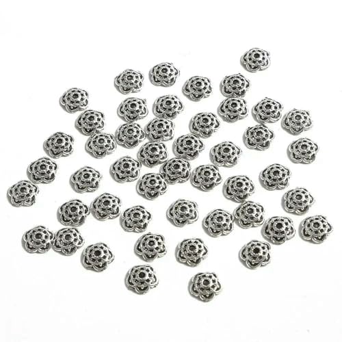 50 Stück tibetische antike Silberfarbe Blattgold Blumenperlen Endkappen für Schmuckherstellung Handarbeiten Spacer Perlenkappen DIY Zubehör-8mm_b von VIEPGJ