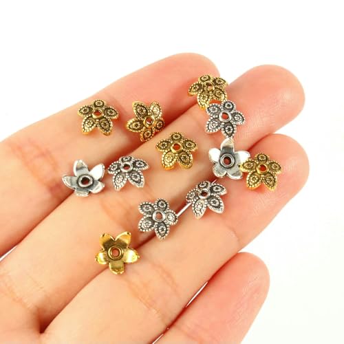 Antikgoldfarbene Perlenkappen in tibetisch-silberner Farbe, Endkappen, Blumenperlen, Handarbeiten für Schmuckherstellung, DIY-Zubehör, Typ 10 (8 x 3,0 mm), 100 Stück, goldfarben von VIEPGJ